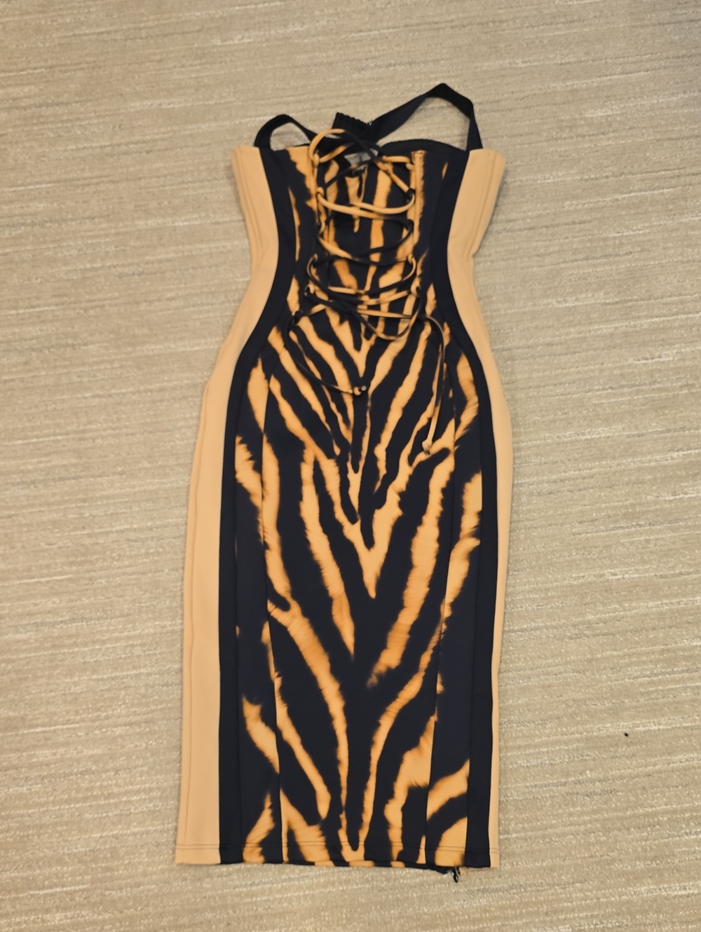 TA3 Strapless Tiger-Print Bodycon Dress in Black and Tan, Size S - Picture 9 of 12